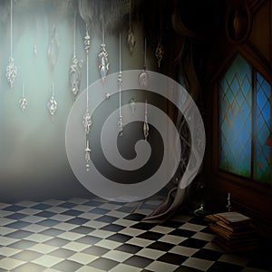 Generative AI: fantasy room with checkered floor and tree