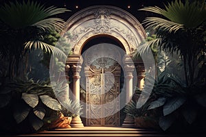Generative AI of a fantasy room with palm trees and a door