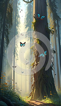 Generative AI. Fantasy world. Enchanted forest with magic lights, beautiful butterflies