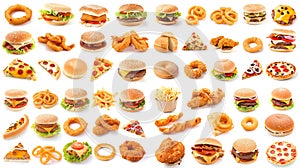 Generative AI Fast food collection isolated on white background. onion rings, sandwich, fried chicken, pizza slice