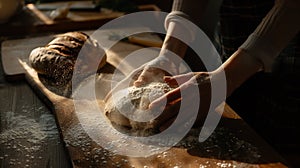 Generative AI Female hands dusting kitchen counter with flour for kneading and baking rustic sourdough bread Flat