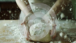 Generative AI Female hands dusting kitchen counter with flour for kneading and baking rustic sourdough bread Flat