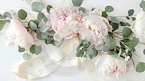 Generative AI Feminine wedding or birthday table composition with floral bouquet White and pink peonies flowers eu