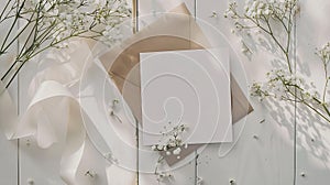 Generative AI Feminine wedding stationery desktop mockup scene Blank greeting card craft envelope babys breath flo