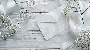 Generative AI Feminine wedding stationery desktop mockup scene Blank greeting card craft envelope babys breath flo