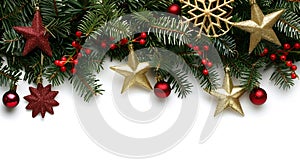 Generative AI Festive Christmas border  on white background Fir green branches are decorated with golden r