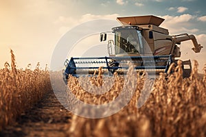 Generative AI on a field of wheat a combine harvests