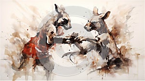 Generative AI, Fierce Encounter: Kangaroo Boxing in Watercolor