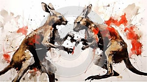 Generative AI, Fierce Encounter: Kangaroo Boxing in Watercolor