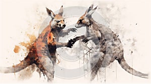 Generative AI, Fierce Encounter: Kangaroo Boxing in Watercolor