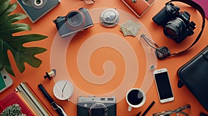 Generative AI Flat lay of accessories on orange desk background of photographer Voyage concept business concept.