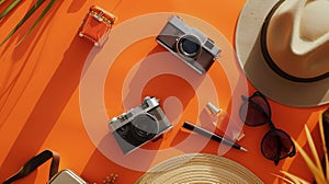 Generative AI Flat lay of accessories on orange desk background of photographer Voyage concept business concept.