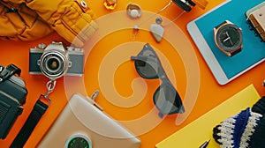 Generative AI Flat lay of accessories on orange desk background of photographer Voyage concept business concept.