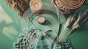 Generative AI Flat lay aesthetic feminine workspace with macrame handbag candle dried flowers on green background