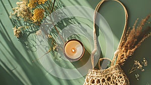 Generative AI Flat lay aesthetic feminine workspace with macrame handbag candle dried flowers on green background