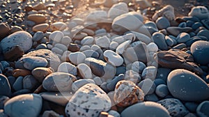 Generative AI Flat lay birds eye of pretty pebbles and stones on beach business concept.