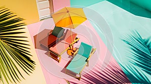 Generative AI Flat lay of a composed miniature of beach lounge area with umbrella and sunbeds on the colorful surf