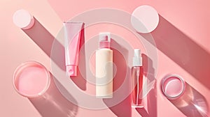 Generative AI Flat lay composition with cosmetic products on color background business concept.