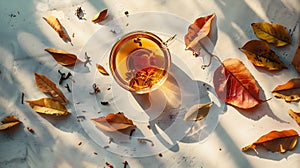 Generative AI Flat lay composition with fresh brewed tea and dry leaves on light table business concept.