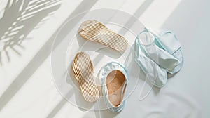 Generative AI Flat lay composition with house slippers sleeping mask and pajamas on light background business conc