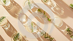 Generative AI Flat lay composition with Petri dishes and plants on beige background business concept.