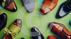 Generative AI Flat lay composition with stylish bow ties and shoes on green background business concept.