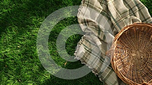 Generative AI Flat lay composition with wicker basket and picnic blanket on green grass business concept.