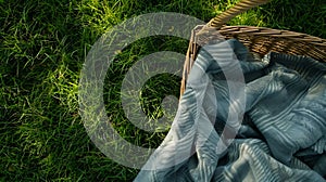 Generative AI Flat lay composition with wicker basket and picnic blanket on green grass business concept.