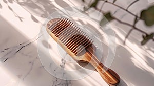 Generative AI Flat lay composition with wooden hair brush and comb on white marble table business concept.