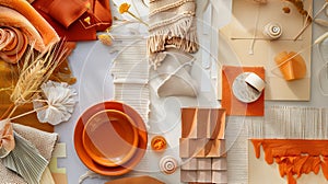 Generative AI Flat lay of creative architect moodboard composition with samples of building orange textile and nat