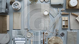 Generative AI Flat lay of creative architect moodboard composition with samples of building textile and natural ma