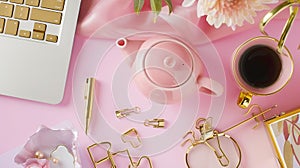 Generative AI Flat lay fashion feminine home office workspace Laptop pink teapot golden pen and clips Top view bus