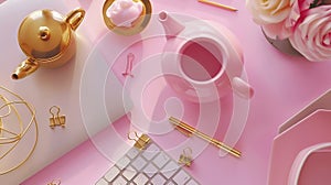 Generative AI Flat lay fashion feminine home office workspace Laptop pink teapot golden pen and clips Top view bus