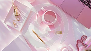 Generative AI Flat lay fashion feminine home office workspace Laptop pink teapot golden pen and clips Top view bus