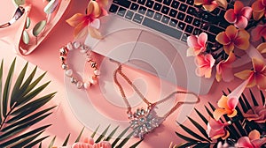Generative AI flat lay feminine home office workspace with laptop proteus flower necklace palm branches and access
