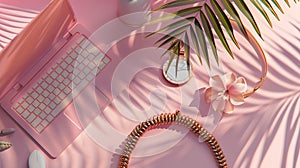 Generative AI flat lay feminine home office workspace with laptop proteus flower necklace palm branches and access