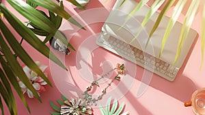 Generative AI flat lay feminine home office workspace with laptop proteus flower necklace palm branches and access