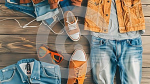 Generative AI Flat lay of men casual fashion outfits on wooden background Top view business concept.