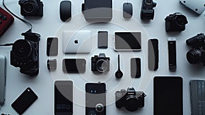 Generative AI Flat lay shot of gadgets and mobile devices in white background business concept.