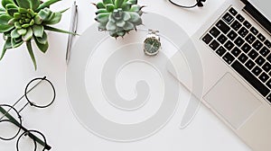 Generative AI Flat lay top view office table desk frame feminine desk workspace with laptop diary succulent glasse