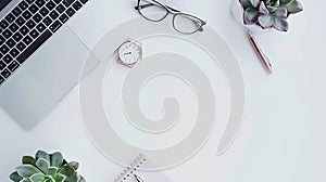 Generative AI Flat lay top view office table desk frame feminine desk workspace with laptop diary succulent glasse