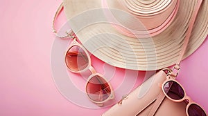 Generative AI Flat lay trendy creative feminine accessories arrangement Purse hat sunglasses female accessories To