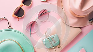 Generative AI Flat lay trendy creative feminine accessories arrangement Purse hat sunglasses female accessories To