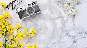 Generative AI Flat lay of white marble table with stationery glasses yellow flowers and photo camera Top view with