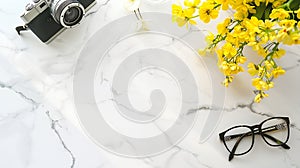 Generative AI Flat lay of white marble table with stationery glasses yellow flowers and photo camera Top view with