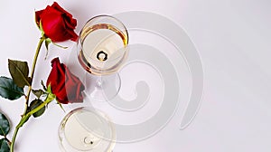 Generative AI Flatlay of red rose and white wine in glasses on white background Wine bar winery wine degustation c