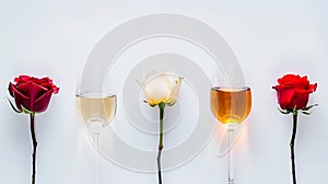 Generative AI Flatlay of red rose and white wine in glasses on white background Wine bar winery wine degustation c