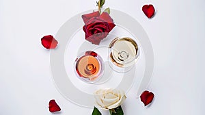 Generative AI Flatlay of red rose and white wine in glasses on white background Wine bar winery wine degustation c photo