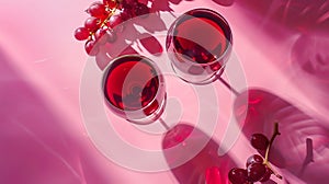 Generative AI Flatlay of red wine in glasses Branch of grape vine and grape on pink background Wine bar winery win