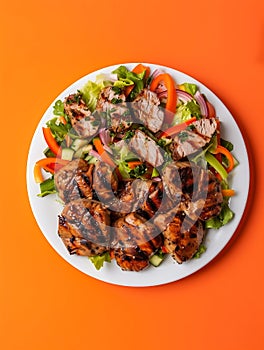 Generative AI Floating White plate with Mixed meat grilled and salad on orange gradient background business concep